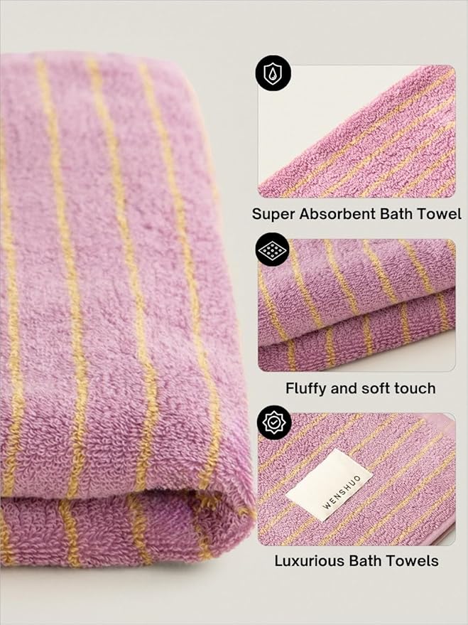 WENSHUO Bubble Purple Tulips-Striped Pure Cotton Bath Towel, 100% Combed Cotton