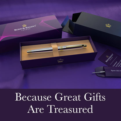Bond & Regent 24 Karat Gold Luxury Rollerball Pen - Fancy Executive Professional Writing Gift Set for Men & Women, Nice Pens, Silver Chrome