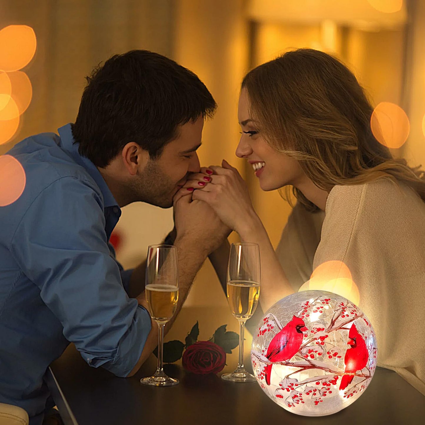 BERSCAH Glass Ball Light Crackle LED Night Light Red Bird Pattern Battery Operated Light Tabletop Decorative Sphere Lamp LED Orb Table Lamp for Outdoor Living-Room Pathway Patio Yard Lawn Bedroom