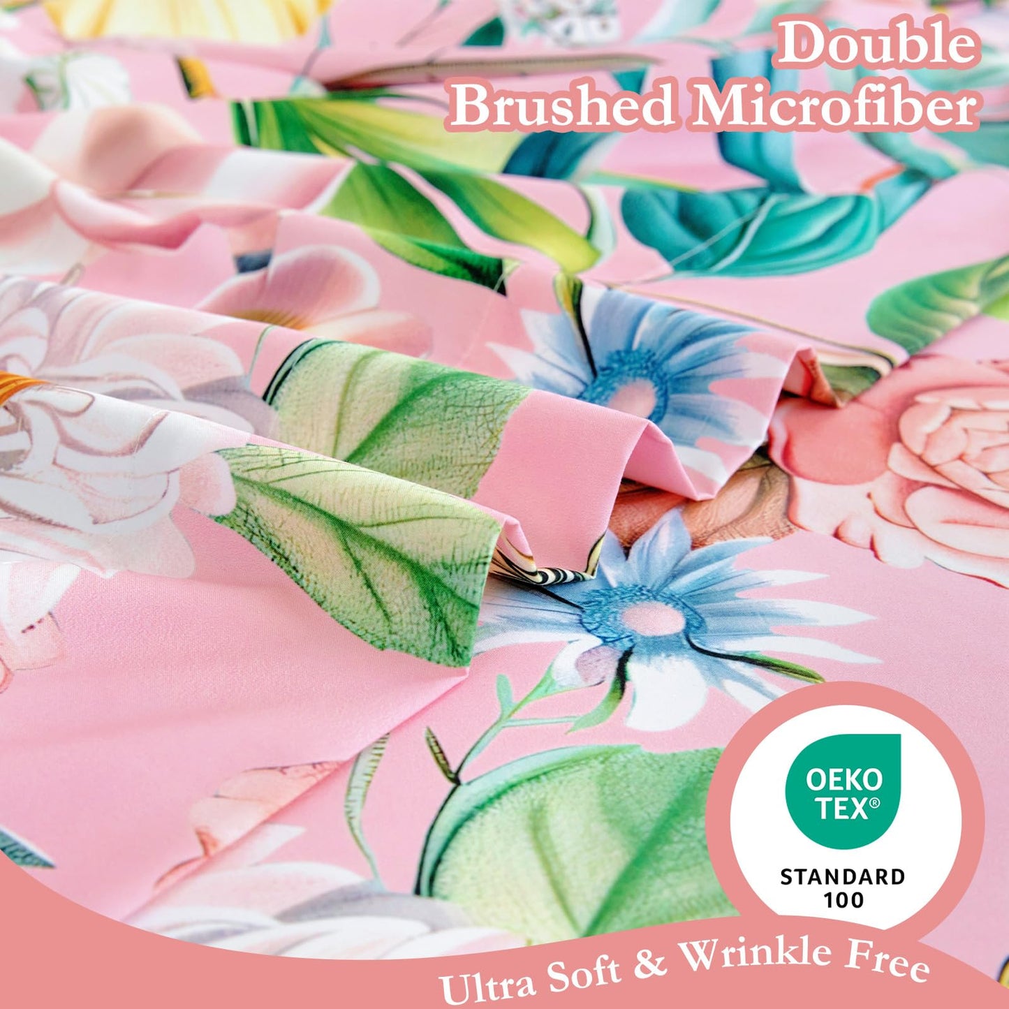 MICORAL Boho Floral Queen Sheet Set, 4-Piece Printed Botanical Bed Sheets, 16" Deep Pocket, Ultra Soft & Cooling Sheet, Oeko-TEX Certified, Blossoming Pink