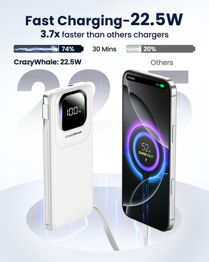 Portable Charger with Built-in Cables,22.5W Super Fast Charging Power Bank Slim Phone Charger,10000mAh Travel Battery Pack Battery Bank with Smart LED Display for iPhone, Android & USB-C Devices