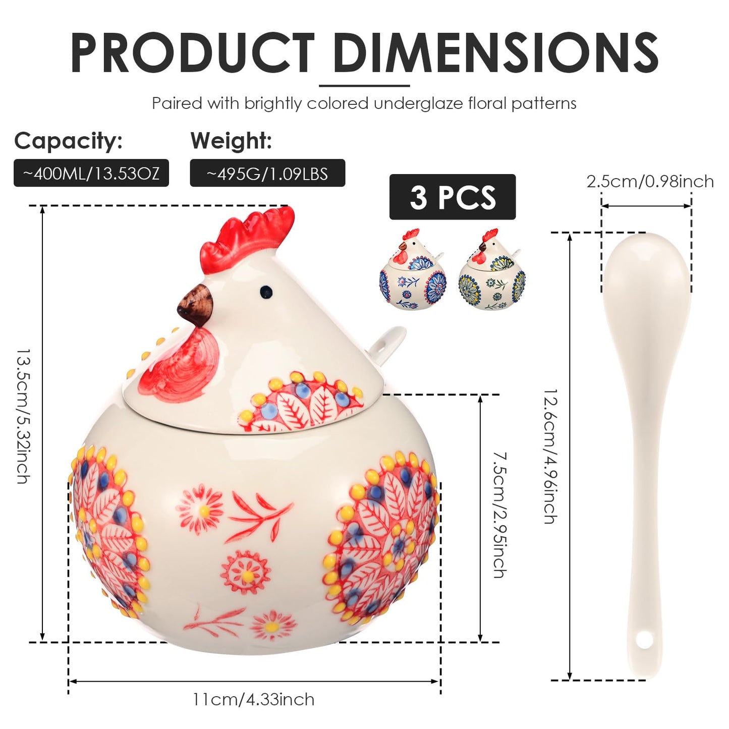 TMWEFUSC 3 Pack Ceramic Salt Cellar with Lid and Spoon, 13.5oz Salt Containers For Countertop Decor Chicken Salt Jar For Sugar, Pepper, Spice,Seasonings