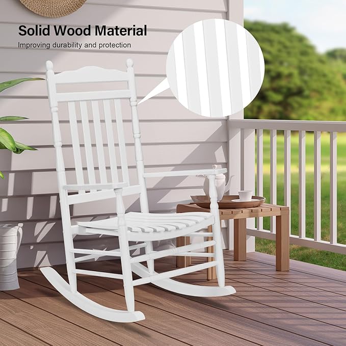 VINGLI Wooden Rocking Chair, Outdoor Chair with 450 lbs Support (White, 1PC)