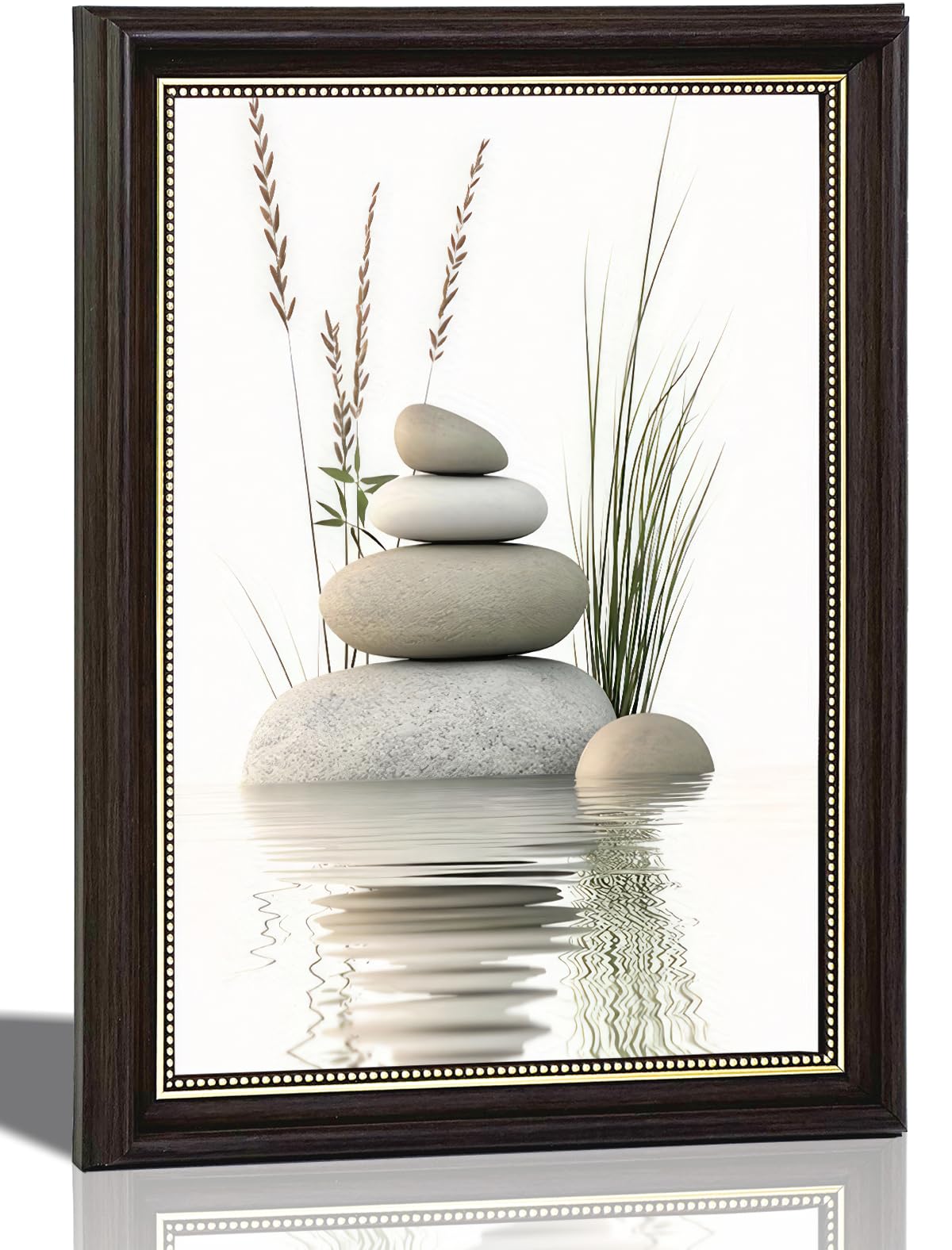 Dark Brown Framed Zen Stone Canvas Wall Art, Stacked Stones in Water Poster Print Artwork, Black White Bathroom Painting Picture Wall Decor, for Spa, Yoga, Meditation Room, Home Decoration, 12x16in
