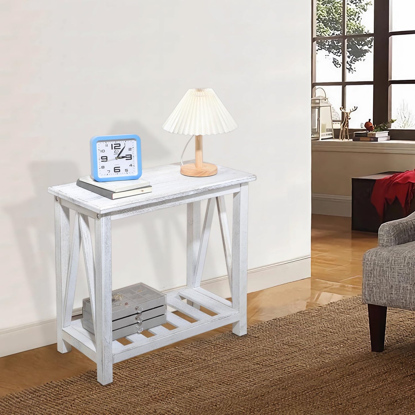 FEUFOAM Farmhouse Narrow End Table Wooden Rustic White Side Tables with Storage Shelves Narrow Sofa Table for Small Spaces Living Room Bedroom Bathroom Dorm