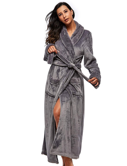 BELLOO Unisex Flannel Dressing Gown Cozy Coral Fleece Bathrobe Long Style, Grey XL