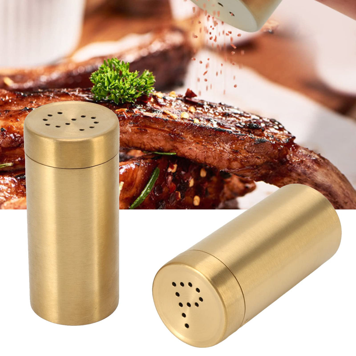 Stainless Steel Gold Spice Jars - 2 Pcs Rustproof Screw Top Seasoning Shaker Bottle for Salt, Sugar, Pepper, Paprika