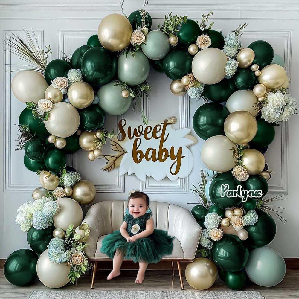 Emerald Green Gold Balloon Arch Kit Double Stuffed Dark Dusty Green Pearl White Sand Latex Christmas Balloon Garland for Birthday Wedding Anniversary Xmas Winter New Year Party Decoration