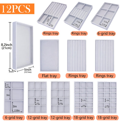 MINIBIGBOX 12 Set Jewelry Organizer Trays Stackable Jewelryy Display Case Storage Box for Earring Necklace Rings Bracelet Watch