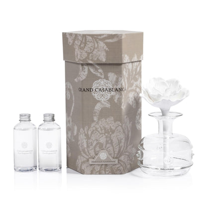 Zodax Grand Casablanca Porcelain Oil Diffuser - Home Fragrance Oil Diffuser Ideal for Living Room, Bathroom, Office - Flower Design - Gift Box Packaging Included - Tahitian Gardenia - 6.76 Oz.