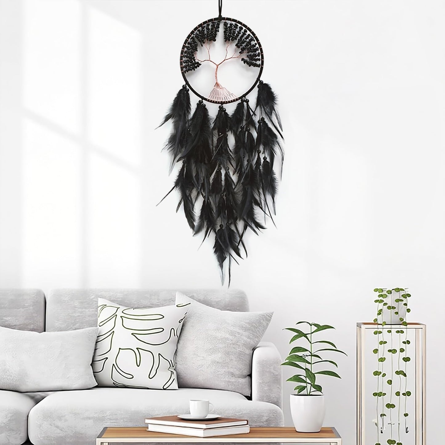 RAGKUU Black Dream Catcher Wall Decor Crystal Tree of Life Dream Catchers Handmade Feather Dreamcatcher Wall Hanging Ornament for Bedroom Living Room Home Decor