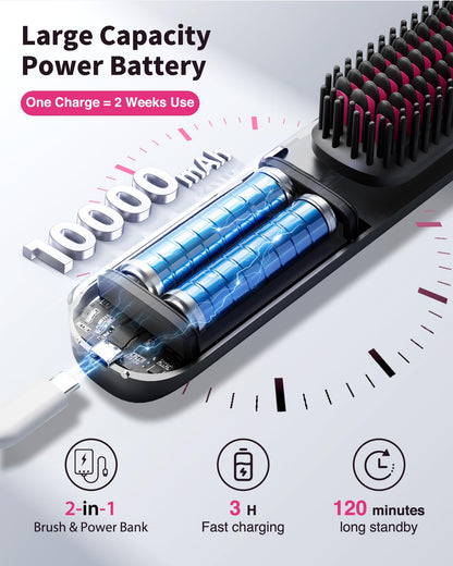Cordless Hair Straightener Brush - Portable Hair Brush for Travel - 30s Fast Heating - 300 Million Negative Ions for Frizz-Free Shine,Touch Up On-The-Go,Gift for Women,10000mAh