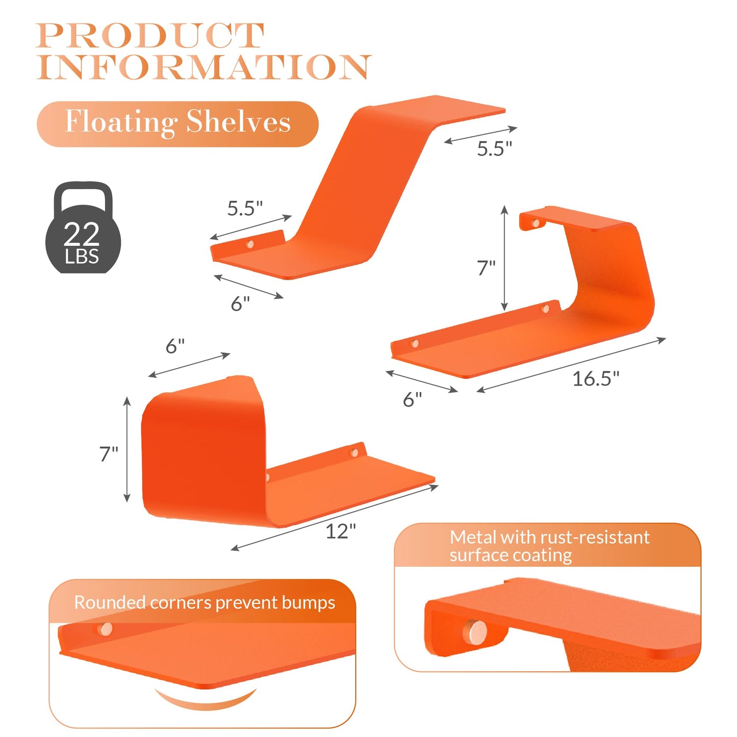 Sttoraboks Floating Wall Shelves Set of 3, Metal Mounted Shelf with Unique Design, Bookshelf for Storage & Display in Bathroom, Bedroom, Kitchen, Living Room, Orange Home Decor