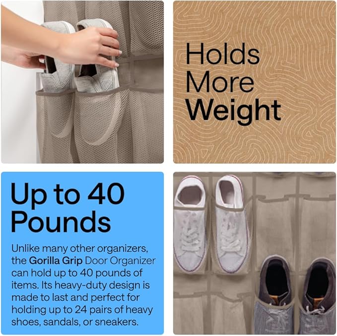 GORILLA GRIP Over the Door Shoe Organizer, 24 Large Breathable Mesh Pockets