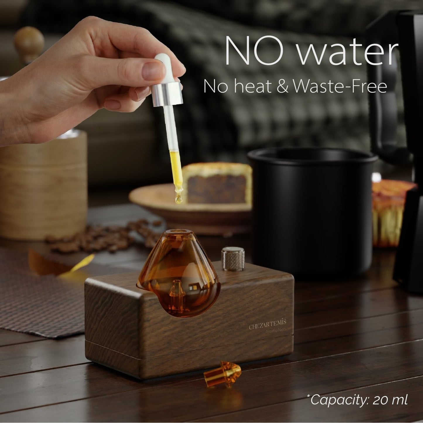 Amber Premium Glass Essential Oil Diffuser with Handmade Wood Base for Aromatherapy, Retro Waterless Scent Diffuser with Cool Mist, Rechargeable & Wireless Oil Nebulizer with LED & Timer, 2026 Model