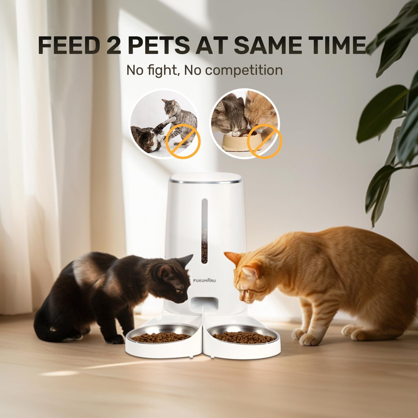 FUKUMARU Automatic Cat Feeder, 4L Dog Feeders with Double Bowls, Support DIY Meals and Timed Control WiFi Cat Food Dispenser