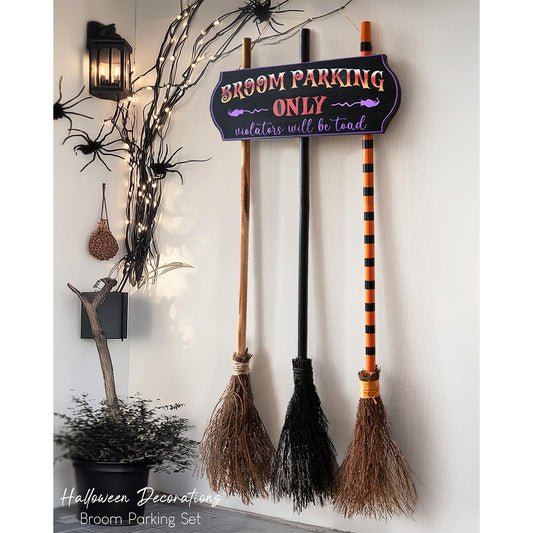 Halloween Decorations - Halloween Decor - Broom Parking Sign with 3 Wooden Witches Brooms - Cute Hocus Pocus Front Porch Wall Decor for Indoor Outdoor Home Office Party Decoration