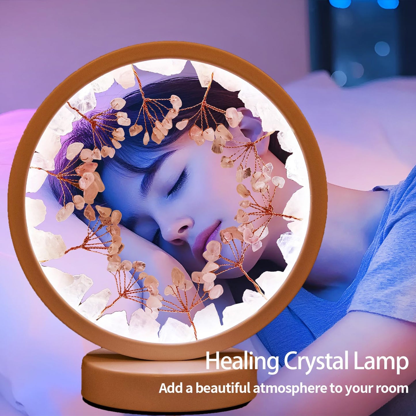Runyangshi Crystal Night Lamp Natural Rose Quartz Crystals Small Tree Bedside Ambient Lamp USB Port 3 Colours Adjustable Lamp Suitable Night Light for Living Room Bedroom Office Home Decor Gift