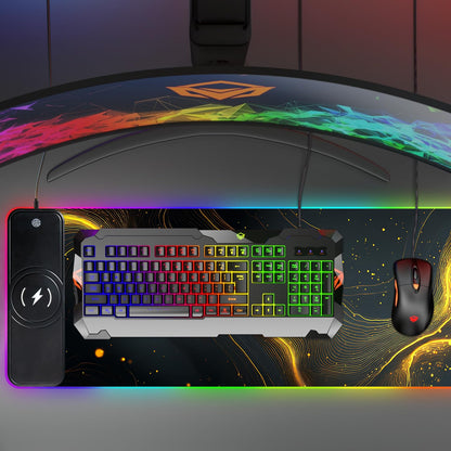 Wireless Charging RGB Gaming Mouse Pad, 31.5 x 11.8 Inch Extended Mouse Mat with Black & Gold Abstract Wave Design, LED Desk Pad with 7 Lighting Modes, Non-Slip Base for Gaming & Office