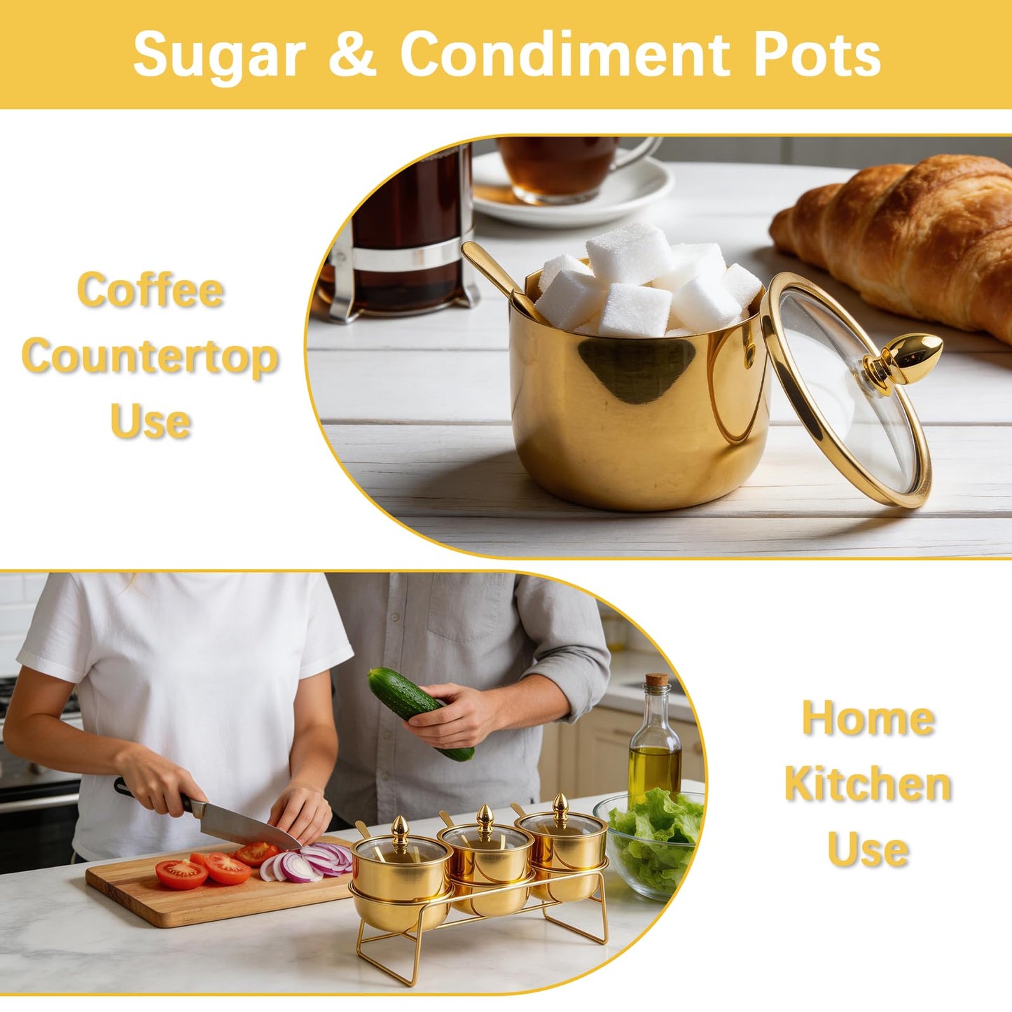 Orepzinc 3 Pcs Gold Coffee and Sugar Dispenser with Storage Rack - Stainless Steel Gold Sugar Container Condiment Dispenser with Glass Lid and Spoon for Home Kitchen for Salt, Coffee Bean