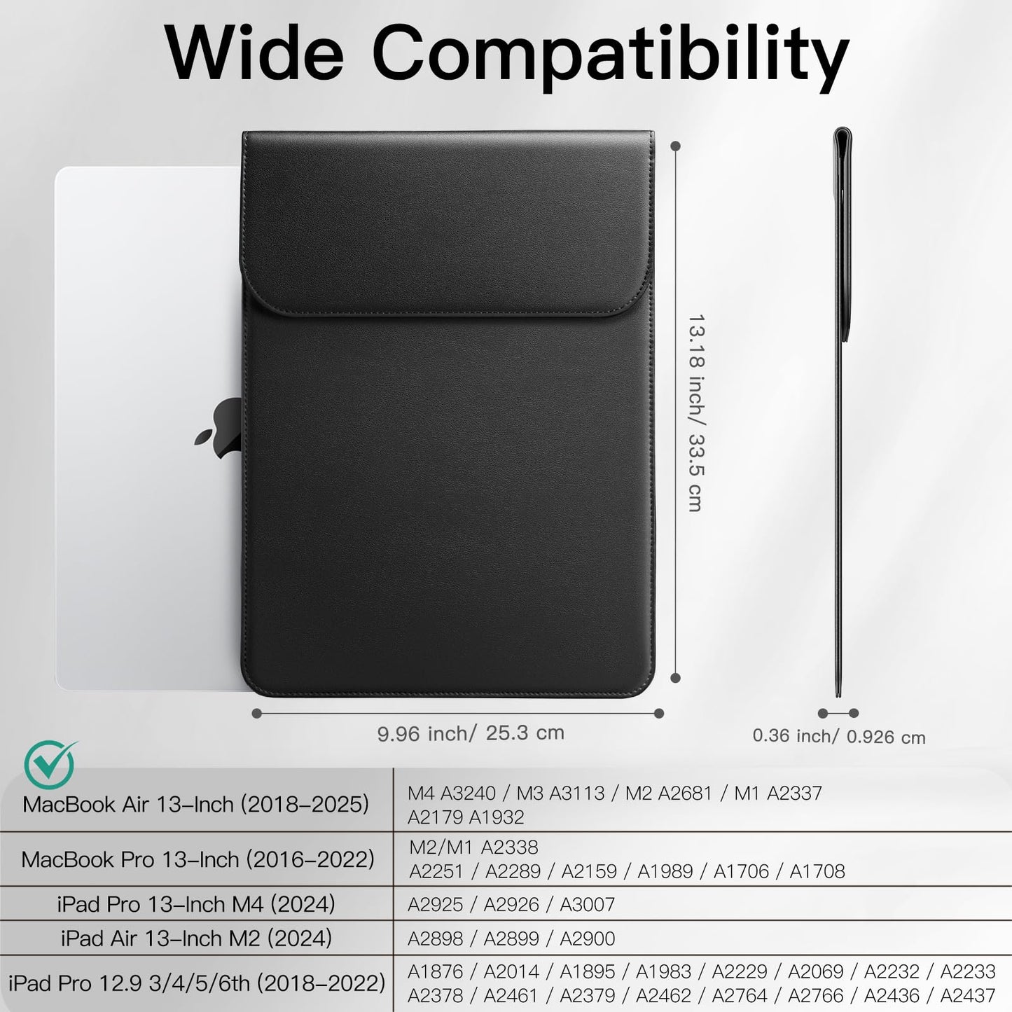 JETech Slim Laptop Sleeve for MacBook Air 13-Inch (M4/M3/M2) 2022-2025, MacBook Pro 13-Inch (M2/M1) 2016-2022, PU Leather Case (Black)
