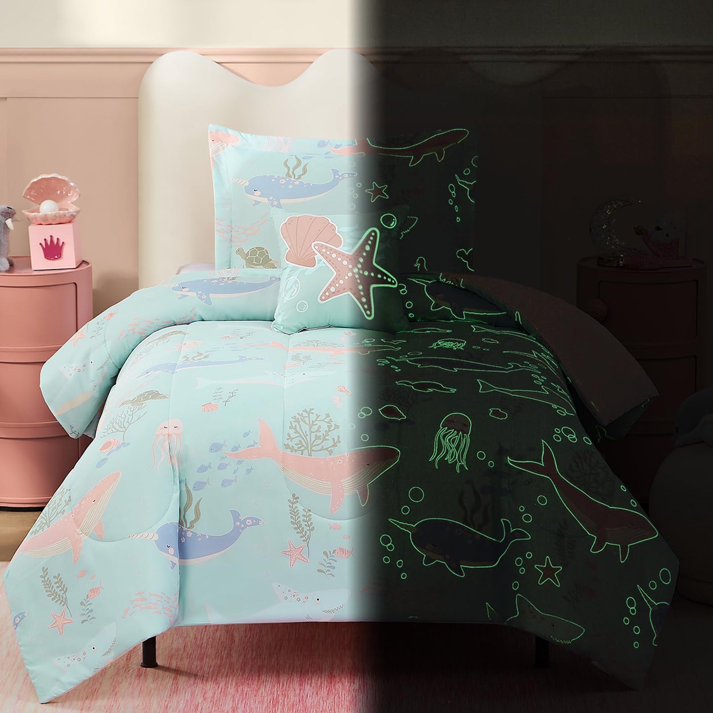 Wink Deer Twin Comforter Set for Girls-3 Pieces Ocean Animals Glow in the Dark Twin Bedding Sets for Kids,1 Comforter,1 Sham and 1 Decor Pillow