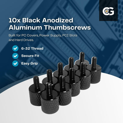 10 x Black Anodized Alumium Computer Case Thumbscrews (6-32 Thread) for Cover / Power Supply / PCI Slots / Hard Drives
