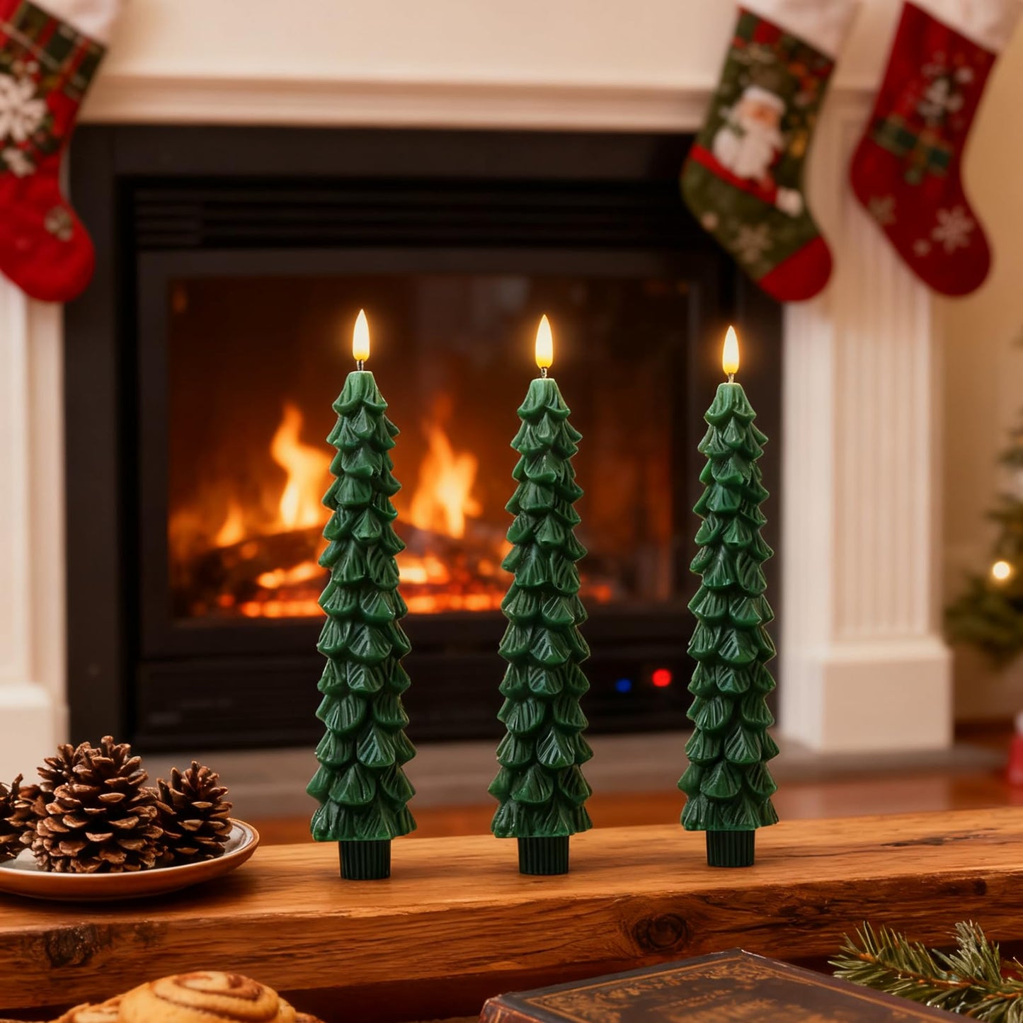 KDVOG 3Pcs Christmas Tree Candles with Remote, Real Wax Flameless Taper Candles,LED Candlesticks Window Candlelights with 3D Flickering Flame for Xmas New Year Home Decorations Gifts 9.7 in