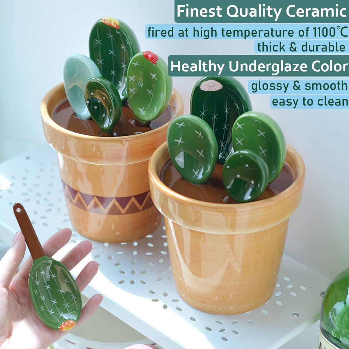 Cactus Measuring Spoons Set in Pot Unique Measuring Cups and Spoons for Coffee Salt Sugar Novelty Cute Baking Gifts Dishwasher Safe Ceramic Measuring Spoons Green