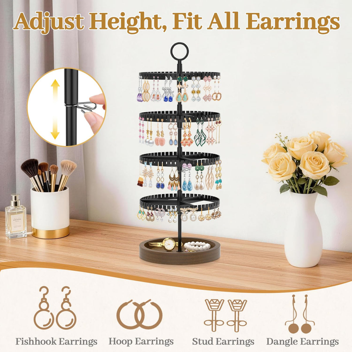MODOWEY 4 Tier Rotating Earring Holder Organizer Display Tree with Wooden Tray, Adjustable Plastic Stand with 228 Slots for Stud Hoop Hanger, Large Capacity Storage Rack for Women Space Saving, Black