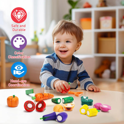 Wooden Play Food Set for Toddlers Toys Pretend Play Kitchen Accessories Veggies Cutting Set for Kids Gift for Boys Girls Montessori Educational Toys