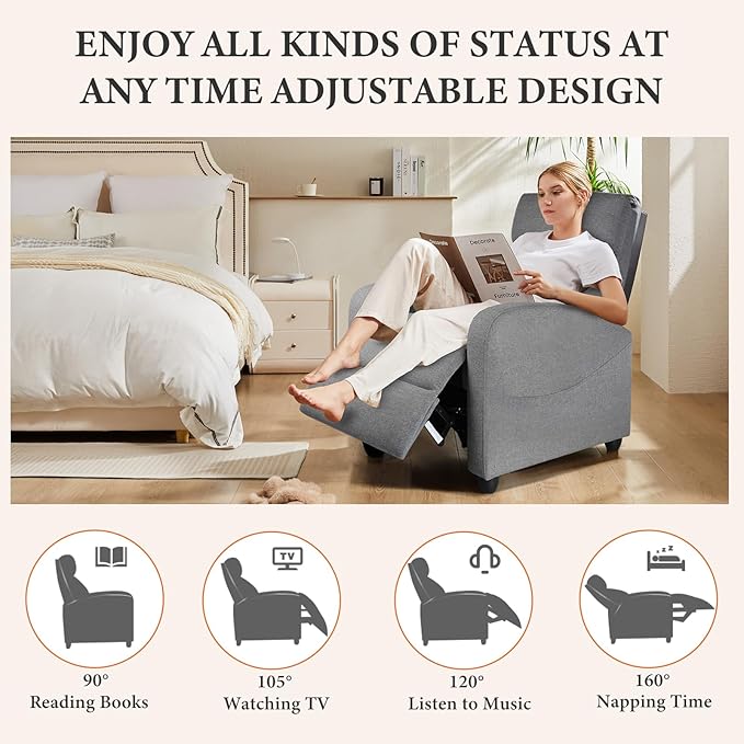 Sweetcrispy Massage Recliner Chair for Adults, Adjustable Home Theater Seating with Lumbar Support for Living Room, Modern Fabric Reclining, Cool Gray