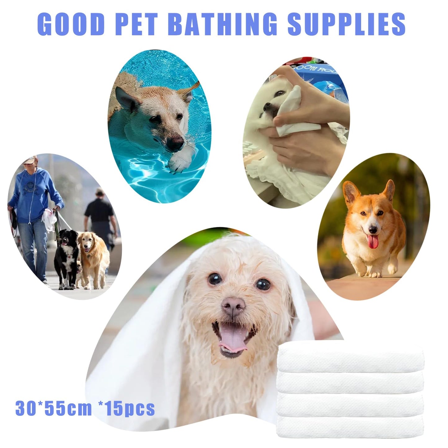 CHANHOO Disposable Pet Bath Towel,15 PCS Portable Pet Grooming Towels,11.8 x 21.6 inch Convenient Pet Cleaning Towel Pet Drying Towels,Absorbent Bath Towel for Small Dog Puppy Cat, White