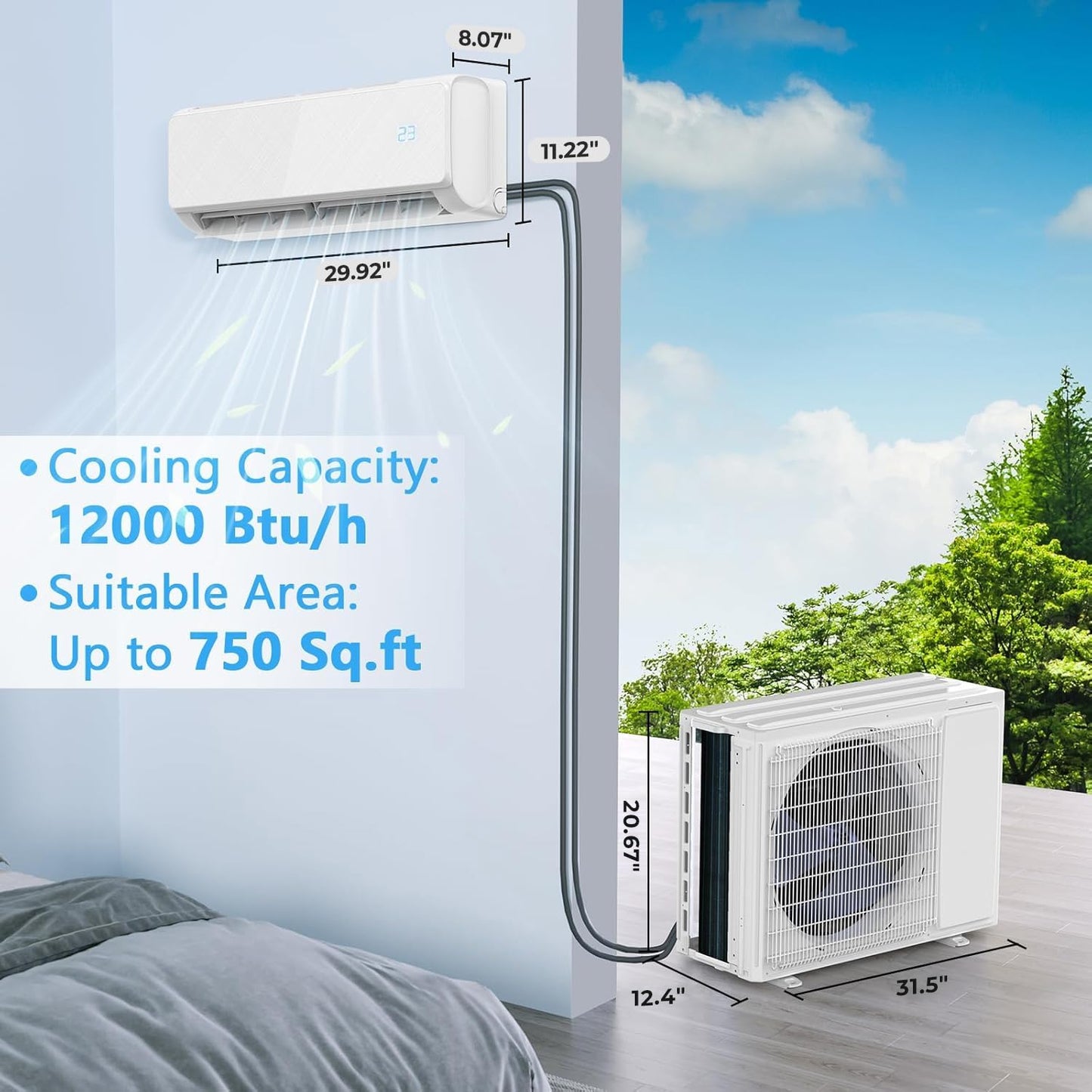 12000 BTU Mini Split Air Conditioner Heat Pump 115V with Installation Kit - 22 SEER2 Ductless Inverter AC Unit, Wi-Fi Smart Control, Quiet, Cools and Heats 750 Sq.Ft