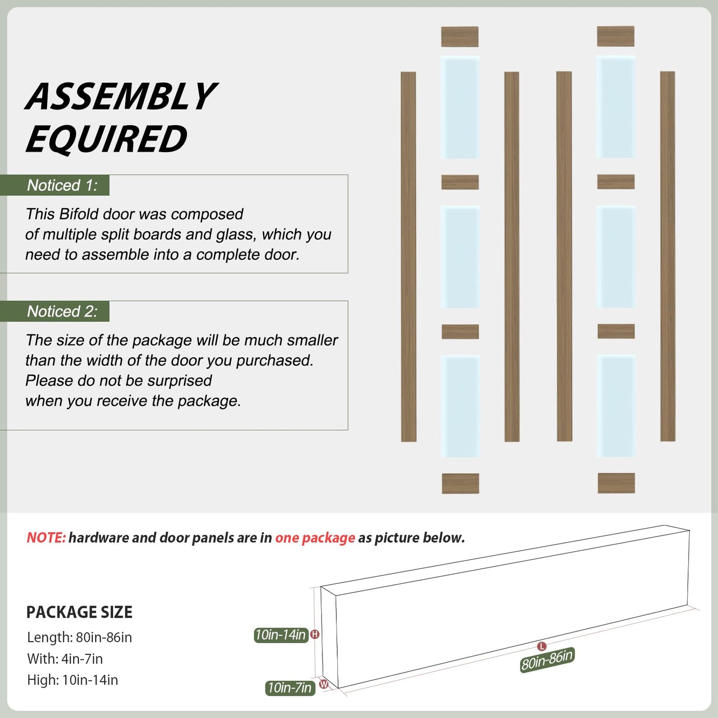 FREDBECK Bifold Barn Door 36X84(Double 18x84),3 Panels Glass with Hardware Kit Included, Modren,Water-Proof PVC Surface for Bathroom,Assembly Required