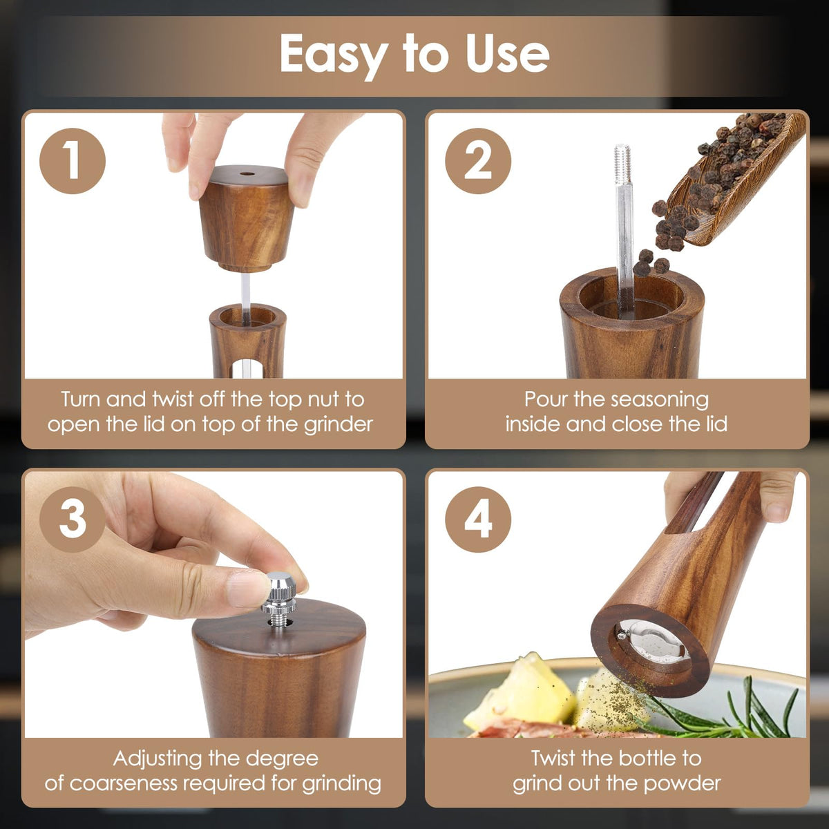 Foyucool 2 Pack Wooden Salt and Pepper Grinder Set, 8 inch Manual Salt and Pepper Mill with Brush and Spoon, Adjustable Coarseness, Refillable Pepper Grinder for Kitchen, Transparent