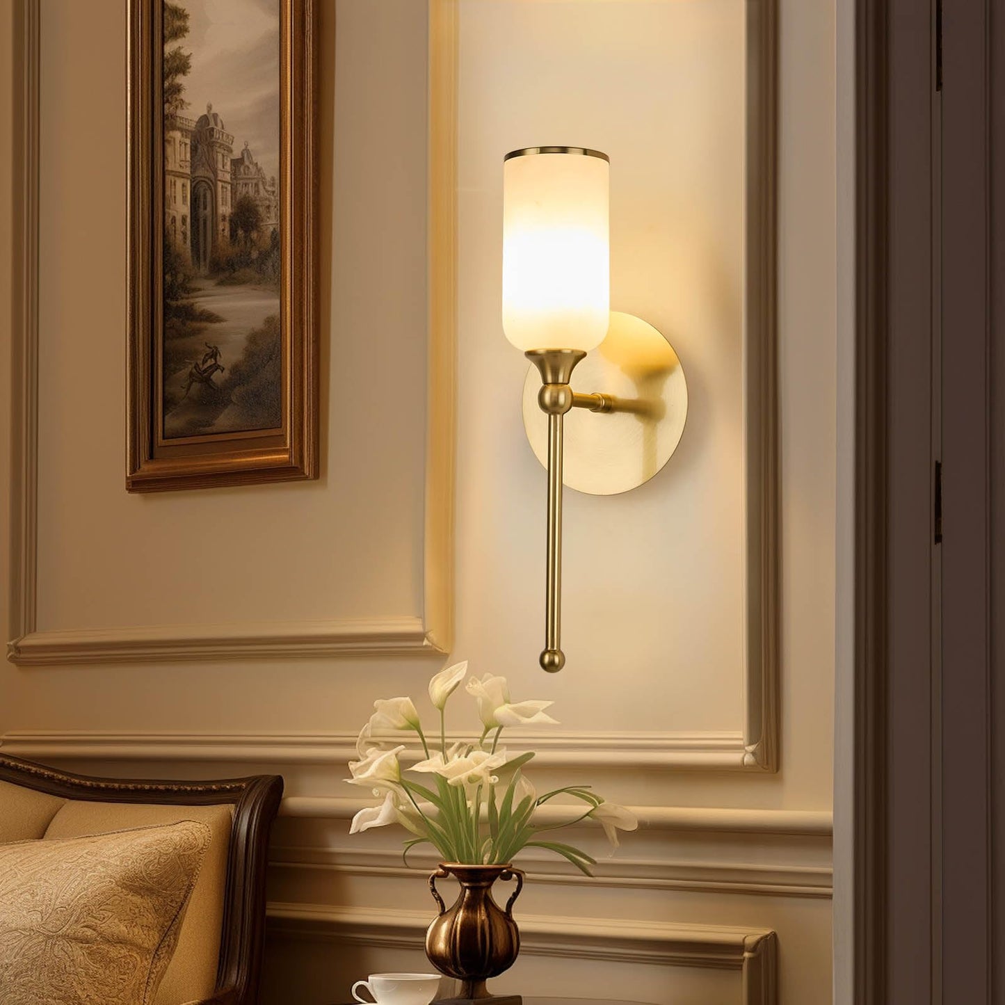 Fanyank Vintage Alabaster Wall Sconce, 15.4inch Natural Marble Lampshade Wall Sconce, Hardwired Sconce LED Modern Wall Lamp for Bedroom, Stairs, Living Room, Bedside, Hallway Gold