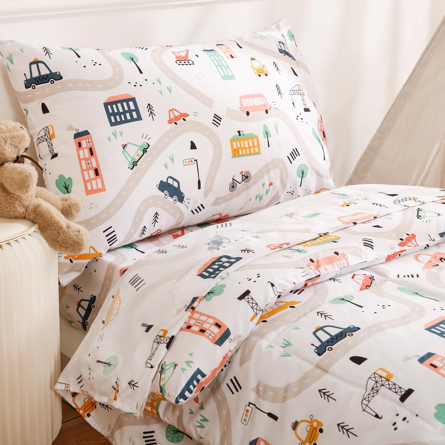 JSD Car Toddler Bedding Set, 4 Piece Bed-in-a-Bag Toddler Microfiber Comforter Sheet Set, All Season Machine Washable