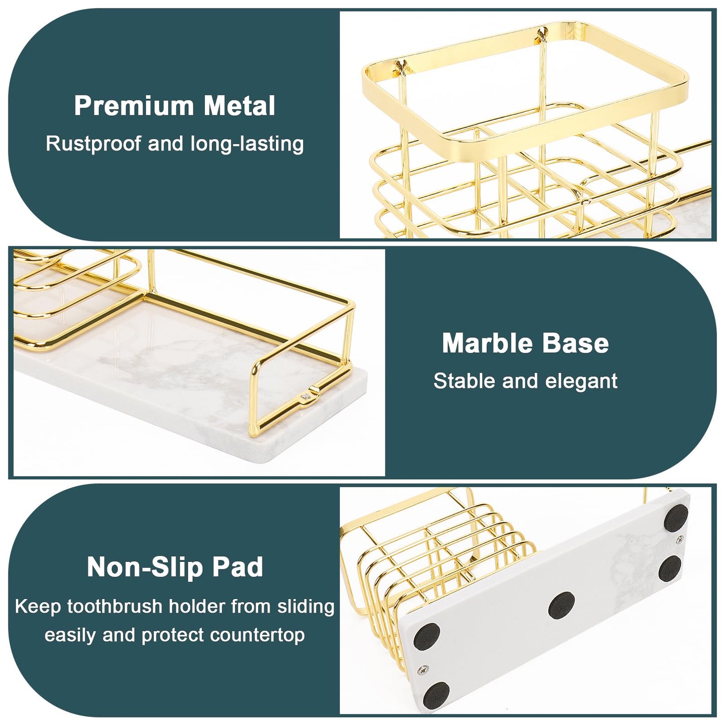 HarJue Toothbrush Holder, Luxurious Metal Toothbrush Toothpaste Holder with Marble Base for Bathroom, Multi-Slots Openwork Design, Bathroom Accessory for Storage and Organizer (Large, Gold)