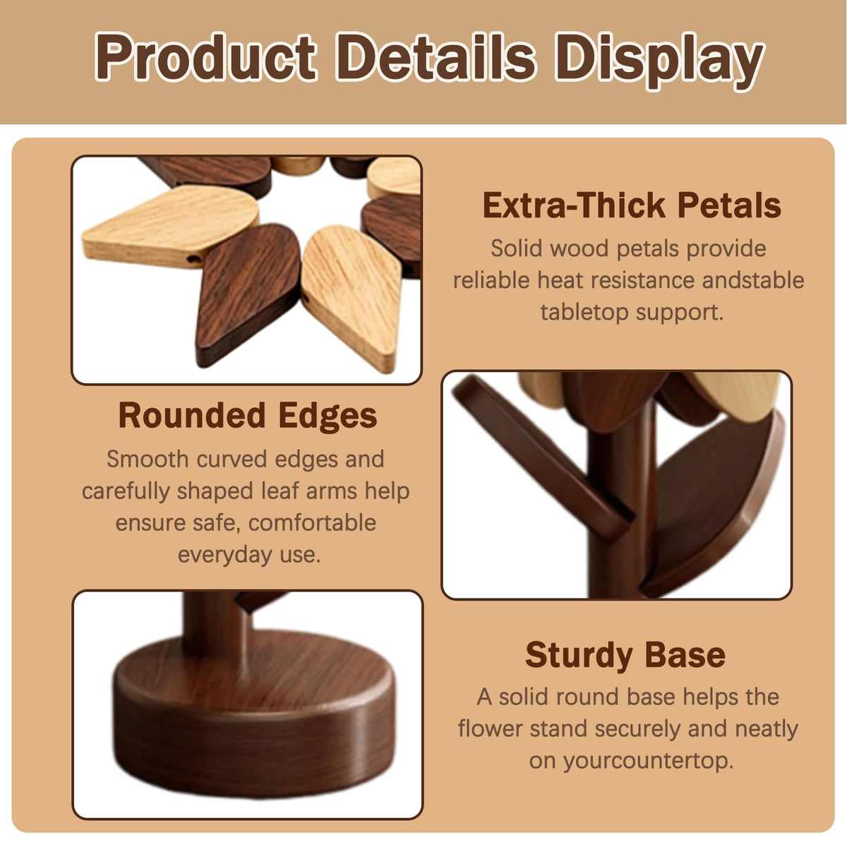 Wooden Trivets for Hot Dishes, 3-Piece Foldable Sunflower Coaster Set with Tree Stand, Heat Resistant Pot Holders for Pots, Pans and Countertops