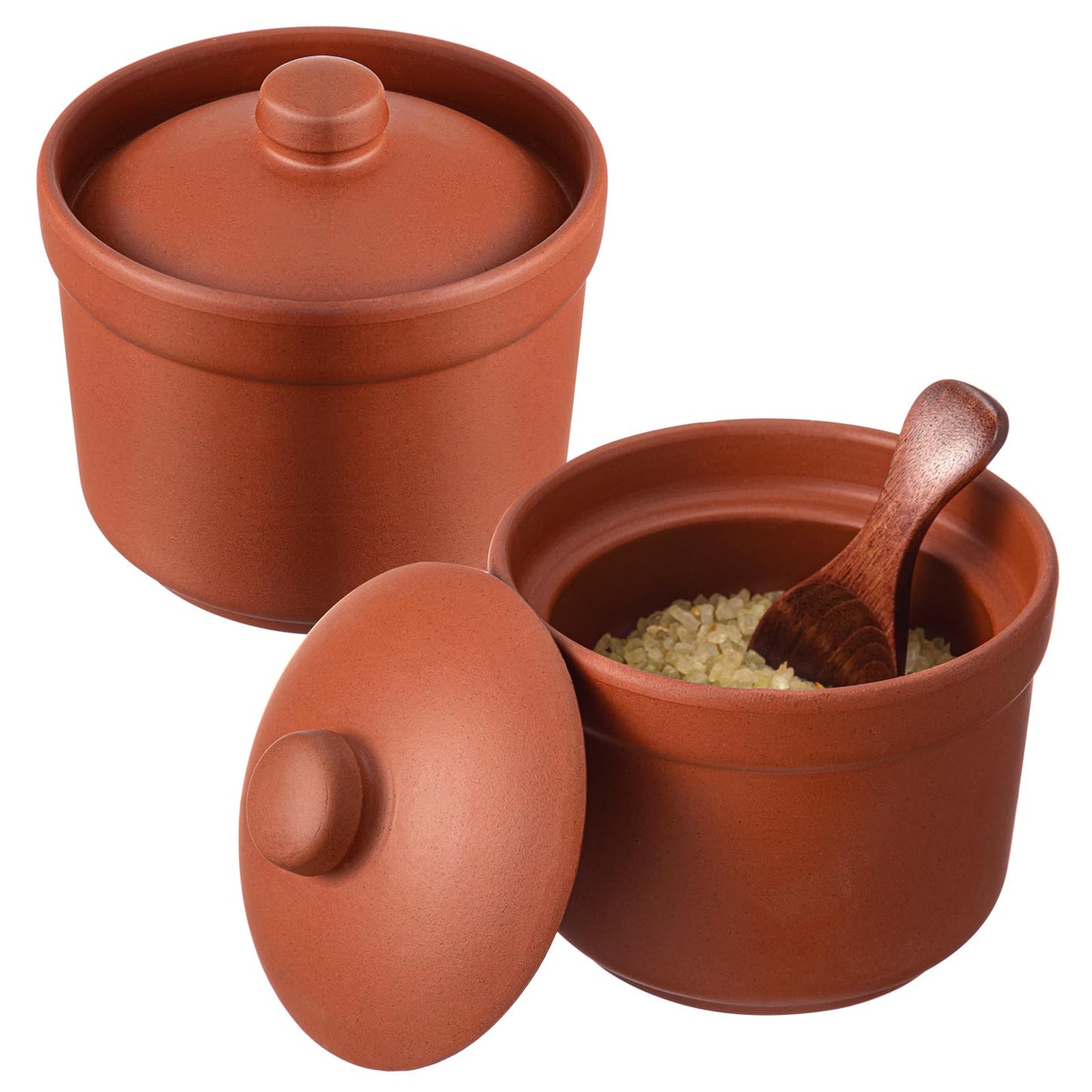 Maxdot 2 Pcs Salt Cellar with Lid and Wooden Spoon, 8 oz, Handcrafted Zisha Clay Salt Container Heavyweight Spices Jar Housewarming Gift for Kitchen Countertop, Kosher, Sea, Sugar, Keeps Spices Dry