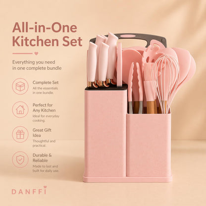 19-Piece Pink Kitchen Set for First Apartment - Complete Silicone Cooking Utensils with Wooden Handles, Pink Knife Set, Cutting Board & Holder - All-in-One Kitchen Starter Kit for New Home, BPA-Free