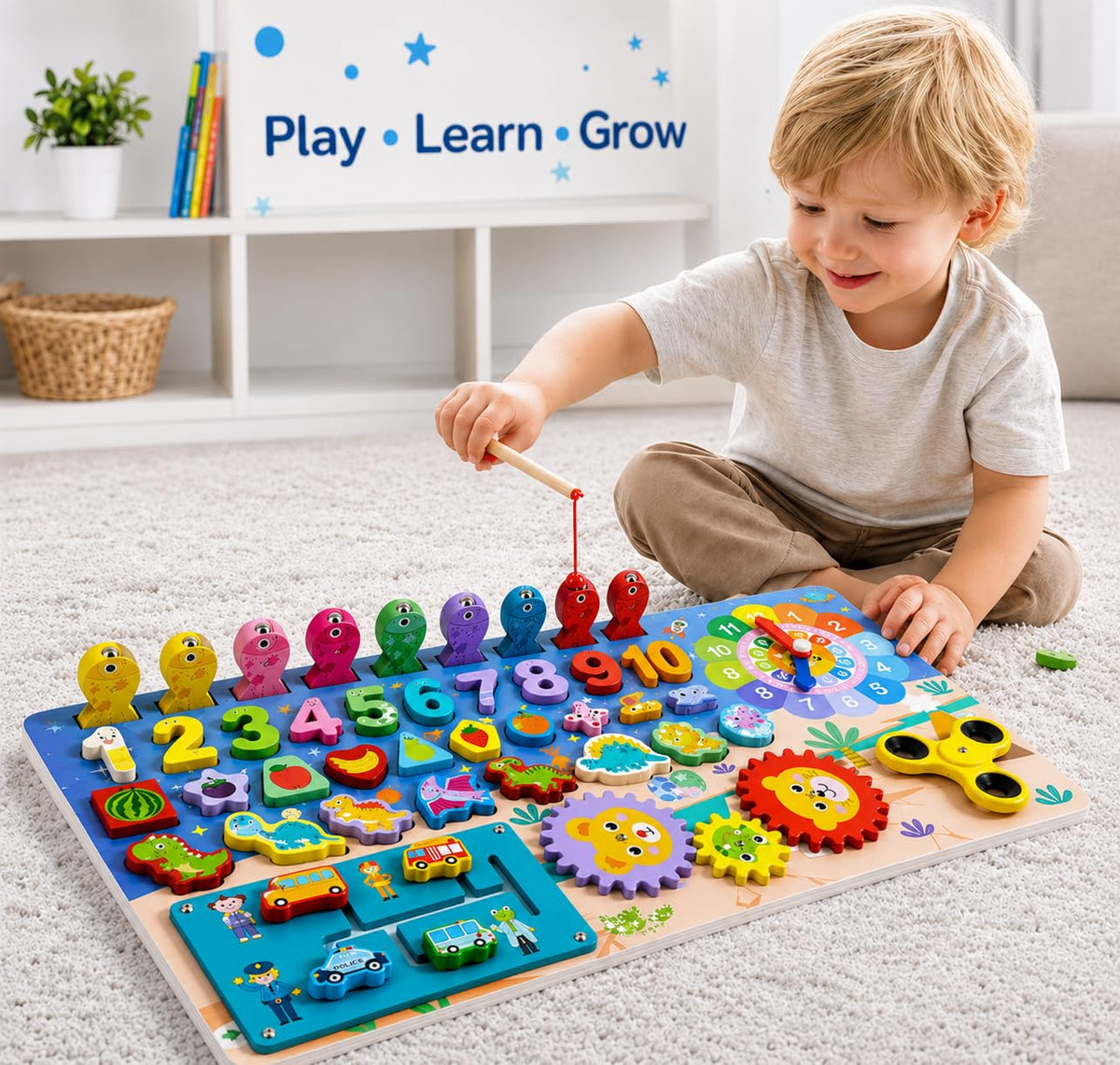 Funiso Montessori Wooden Busy Board Toys for 3+ Boys & Girls, Educational Learning Toy, Number Puzzle Board with Counting, Shapes & Magnetic Fishing Game, Preschool Toy Gift for Toddlers Kids.