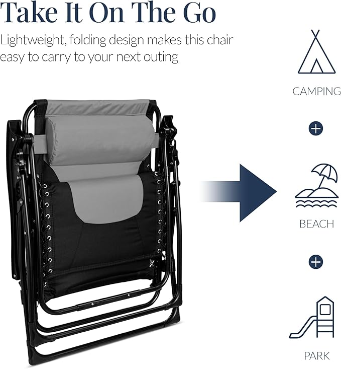 Best Choice Products Oversized Padded Zero Gravity Chair, Folding Outdoor Patio Recliner, XL Anti Gravity Lounger for Backyard w/Headrest, Cup Holder, Side Tray, Polyester Mesh - Gray