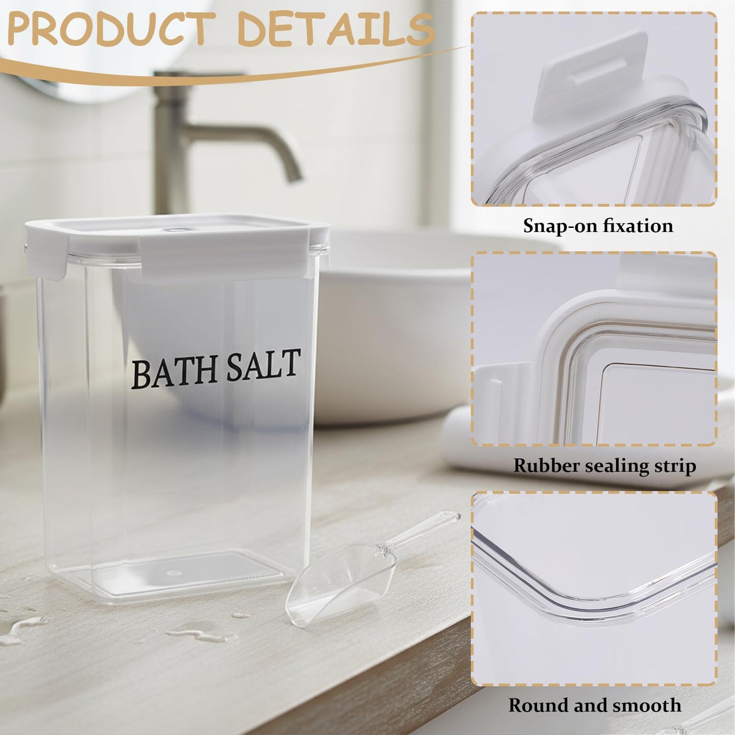 Qinpufu 61 oz Bath Salt Jar, Plastic Bath Salt Container with Scoop, Airtight Storage with Locking Lids, Stackable Clear Canister for Epsom Salt, Bathtub Accessories