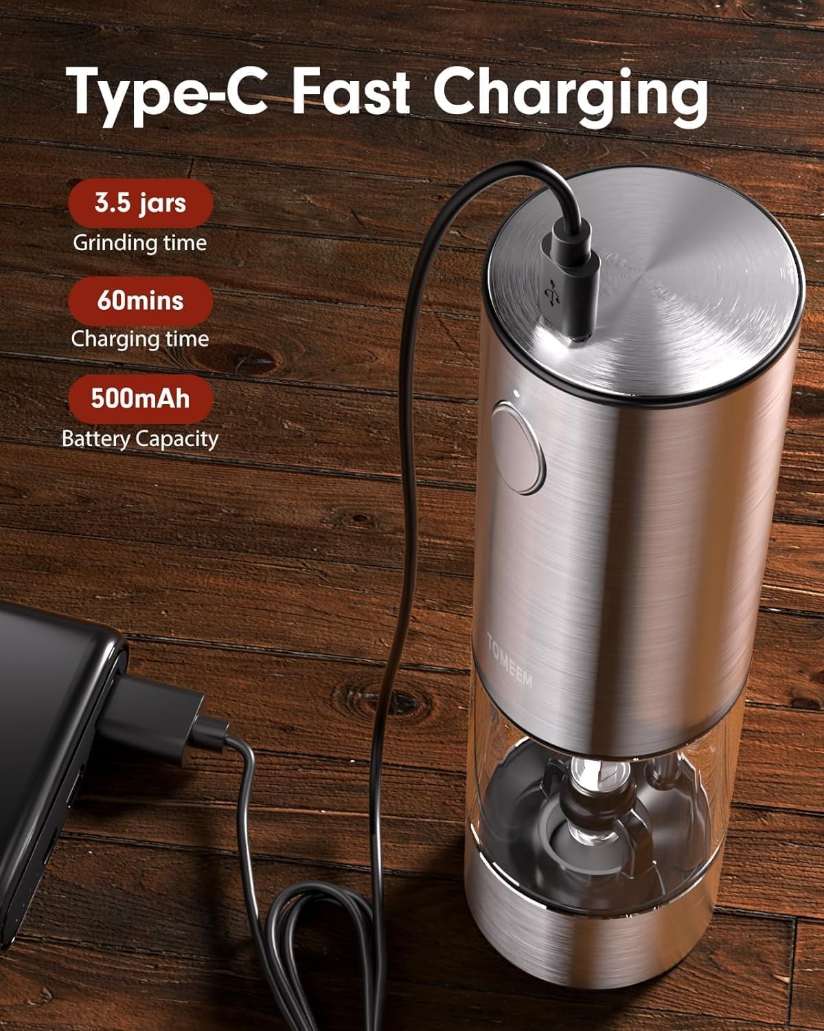 TOMEEM Electric Salt and Pepper Grinder Set, USB Rechargeable Salt and Pepper Grinder Set| Made of Stainless Steel | Adjustable Ceramic Grinder | LED Light