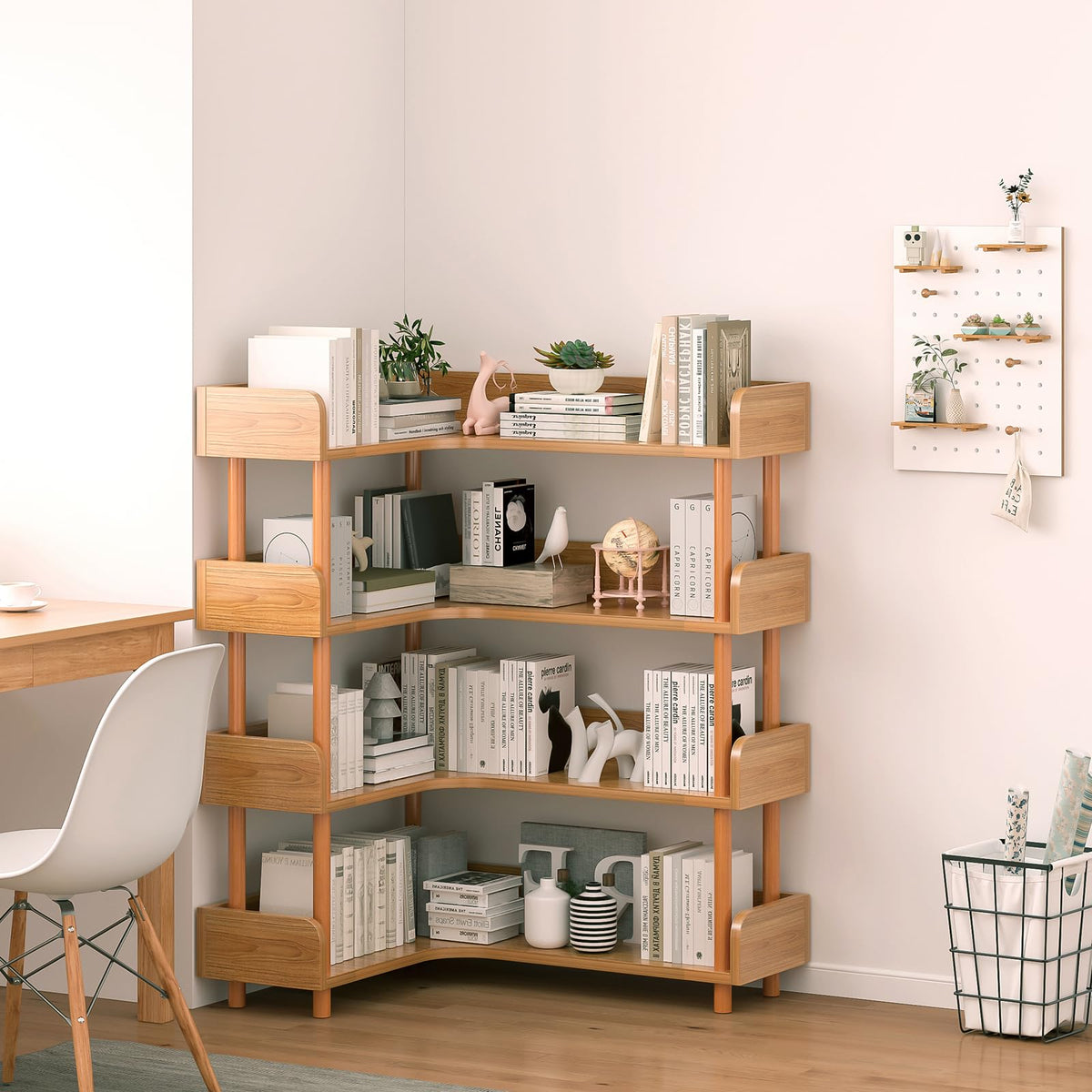 OSCHF Wooden Reversible Corner Bookshelf - Modern 4 Tiers L-Shaped Bookcase with Solid Wood Frame and Edge Protection for Home and Office, Open Storage Shelf, Oak