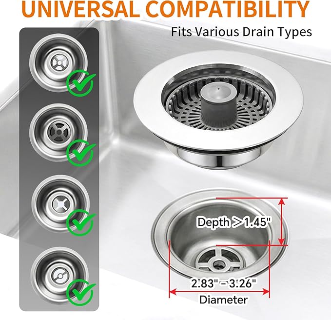Solid Brass Body 3-in-1 Kitchen Sink Drain Strainer & Stopper, Heavy Duty Pop