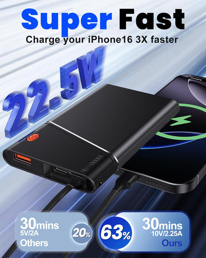 Aaoyun Portable Charger Power Bank, 10000mAh 22.5W PD Fast Charging Powerbank with Built-in USB C Cable, Slim External Phone Battery Pack for iPhone 17/16/15 Samsung S24 Android etc (Grey)