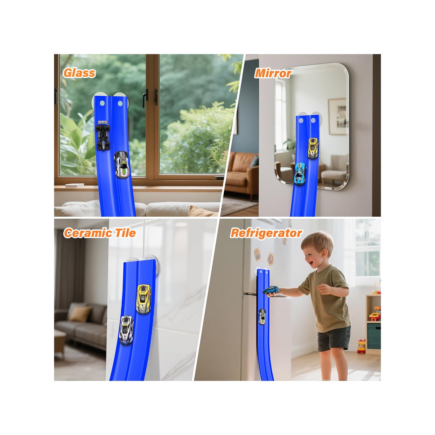 Car Track 5m Includes 4 Cars: KETIEE Flexible Race Track Car Ramp Track Toy Car Race Track Rolls Up Portable Dual Racetrack for Jumps Loops Ramps for 1/64th Cars for Ages 3+, Blue